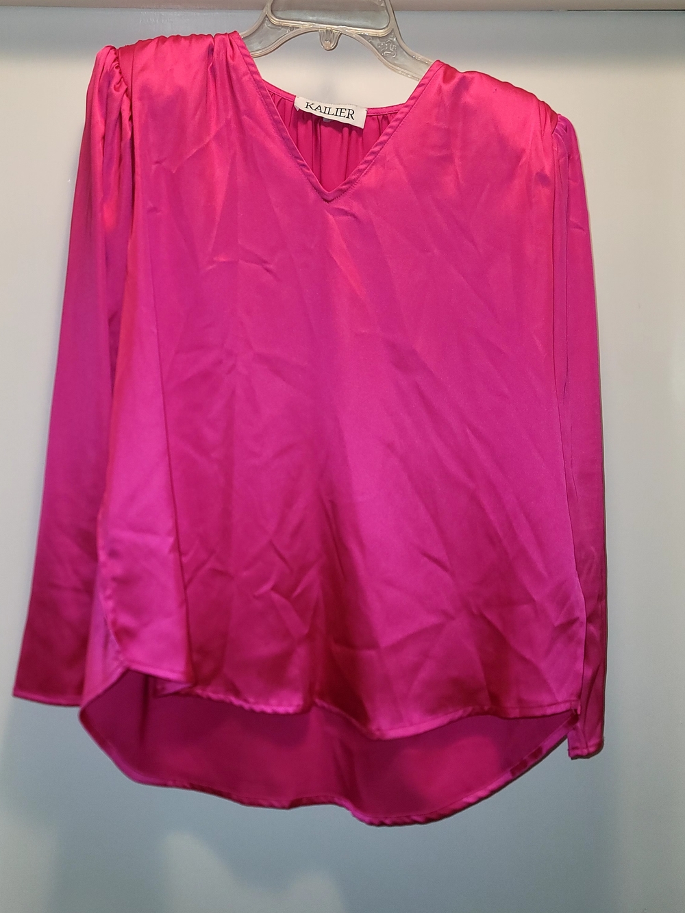Satin V-Neck Blouse in Fuchsia Pink